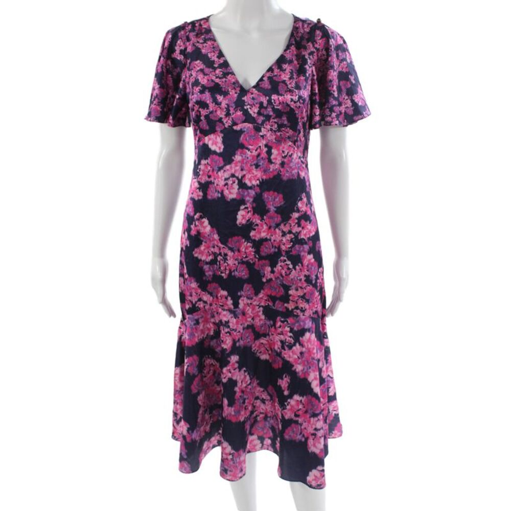 Designer Women Fit & Flare Floral Dress Multicolor V-Neck Short Sleeve Size 2